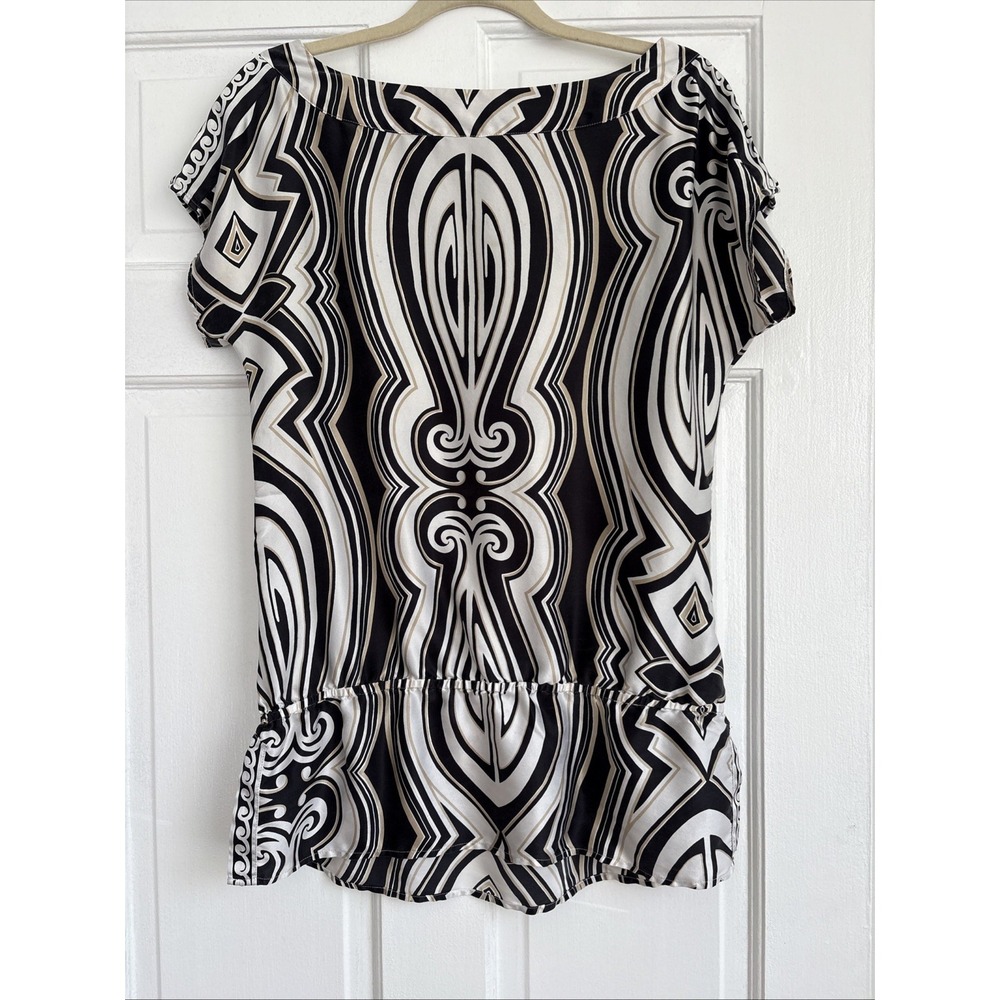 White House Black Market Silk Blouse Geometric Scroll Print Drop Waist Top Small